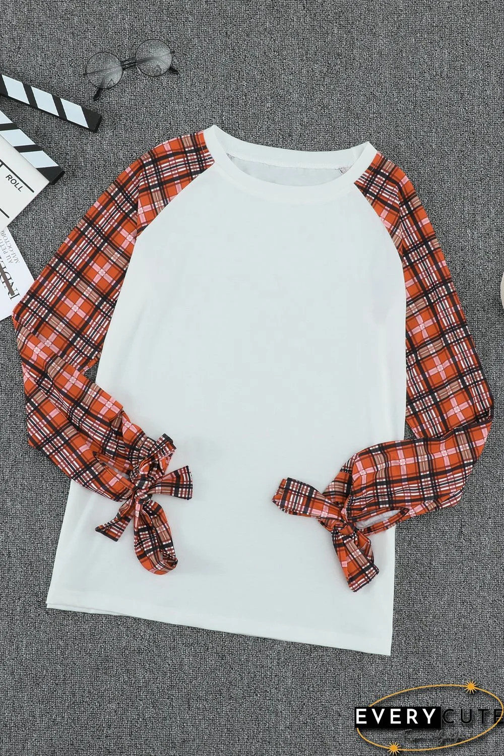 White Plaid Patchwork Long Sleeve Top with Cuff Bow