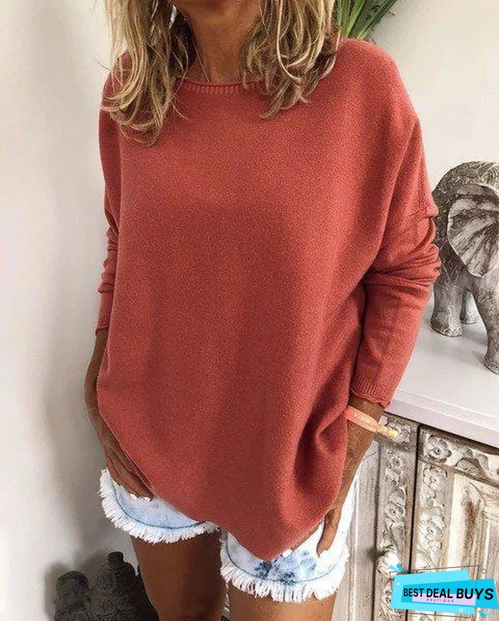 Solid Casual Knitted Long Sleeve Sweater