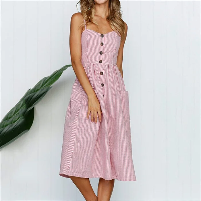 Summer Women Dress Sexy Backless Solid Spaghetti Strap Beach Sundress Casual Button Pocket Sleeveless Female Dress Plus Size