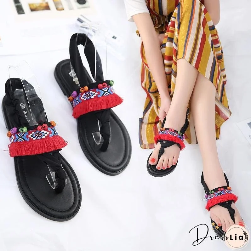 Bohemian Tasseled Flat Heel Sandals Clip Toe Shoes