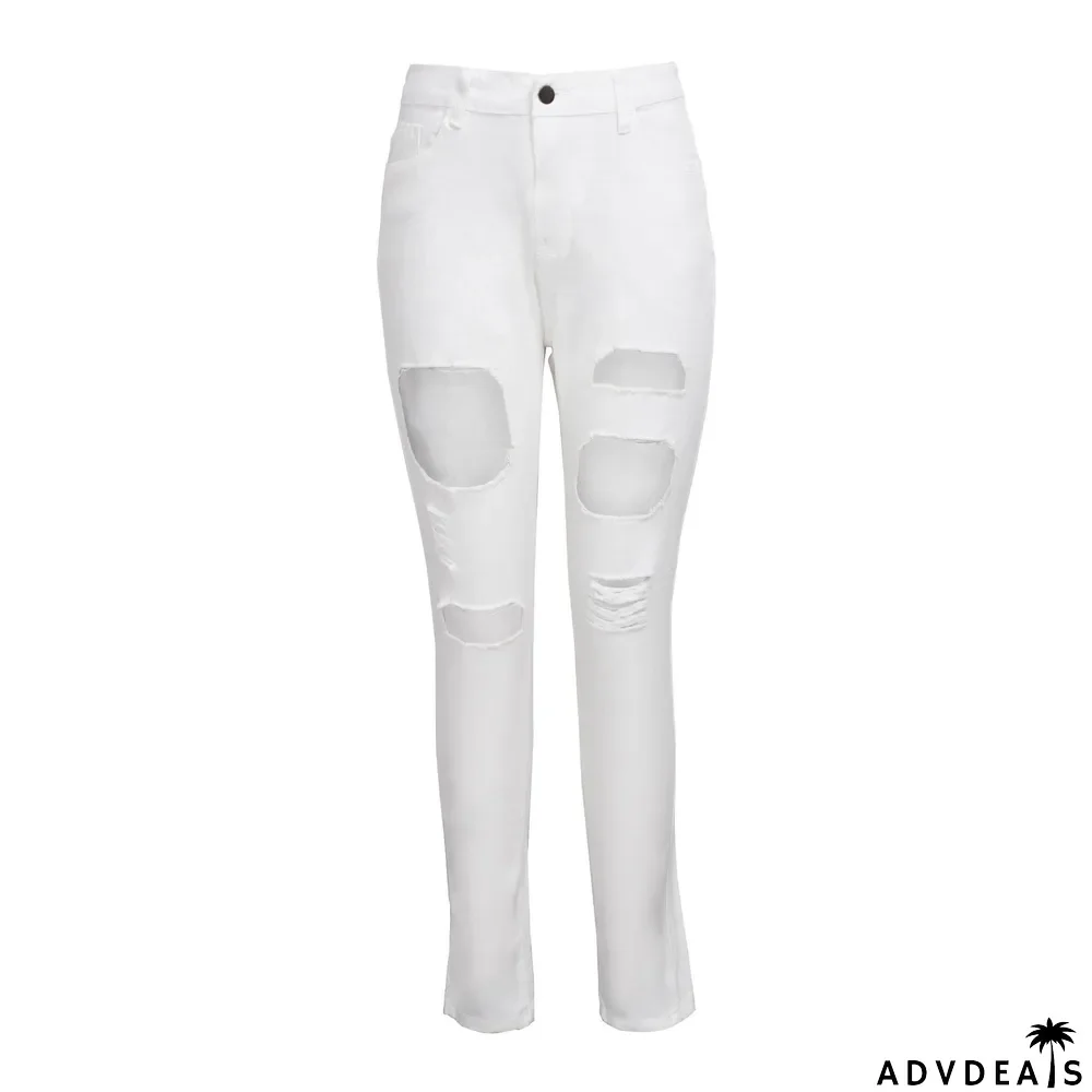 White Denim Ripped Hole High Waist Long Jeans