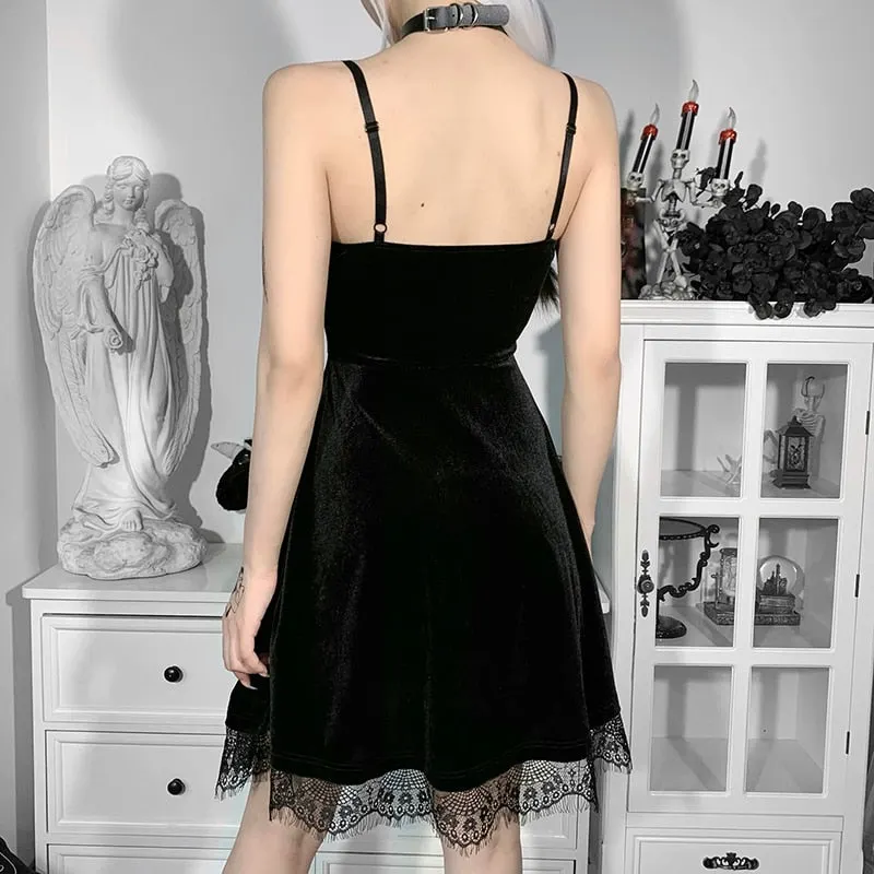 InsGoth Gothic Lace Trim Black Mini Dress Vntage Half Moon Pendent Corset Dress Goth Aesthetic Sexy V Neck Backless Party Dress