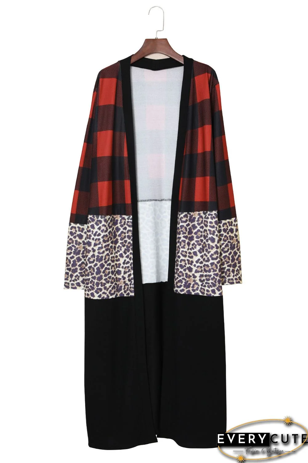 Red Buffalo Plaid Leopard Colorblock Plus Size Duster Cardigan