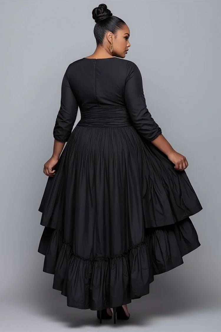 Xpluswear Design Plus Size Cocktail Party Black Round Neck 3/4 Sleeve Ruffle Elegant Asymmetric Hem Midi Dresses [Pre-Order]