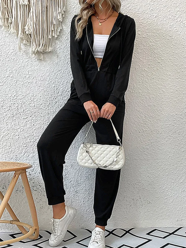 Skinny Elasticity Split-Joint Zipper Hooded Jumpsuits