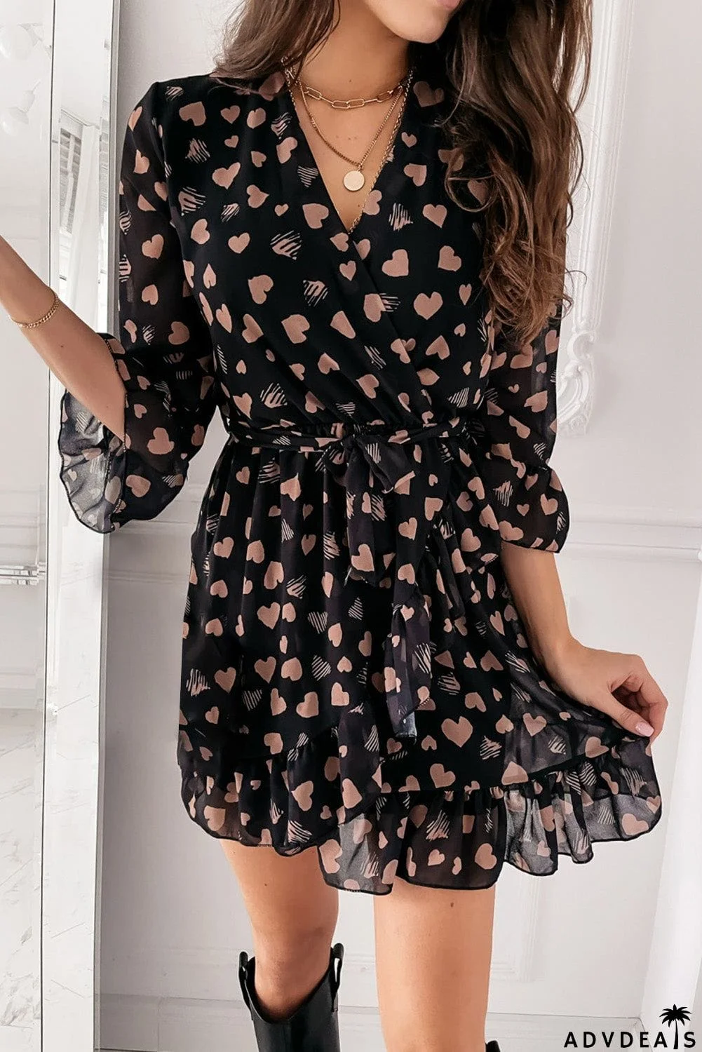 Love Heart Print 3/4 Sleeve Ruffled Wrap Mini Dress