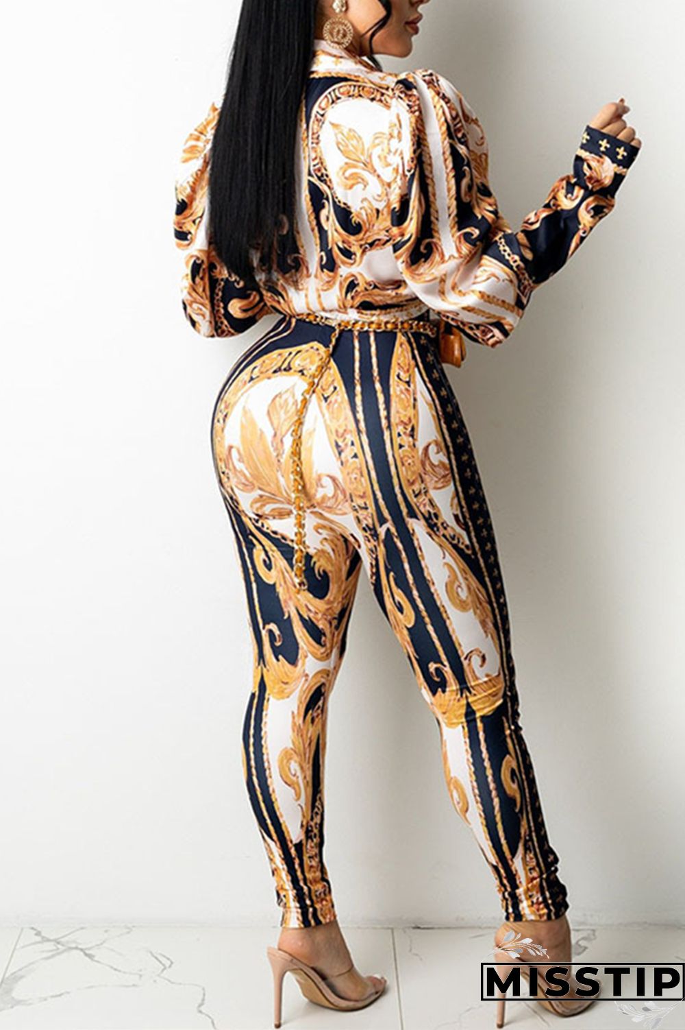 Coffee Fashion Casual Print Basic Turndown Collar Long Sleeve Two Pieces