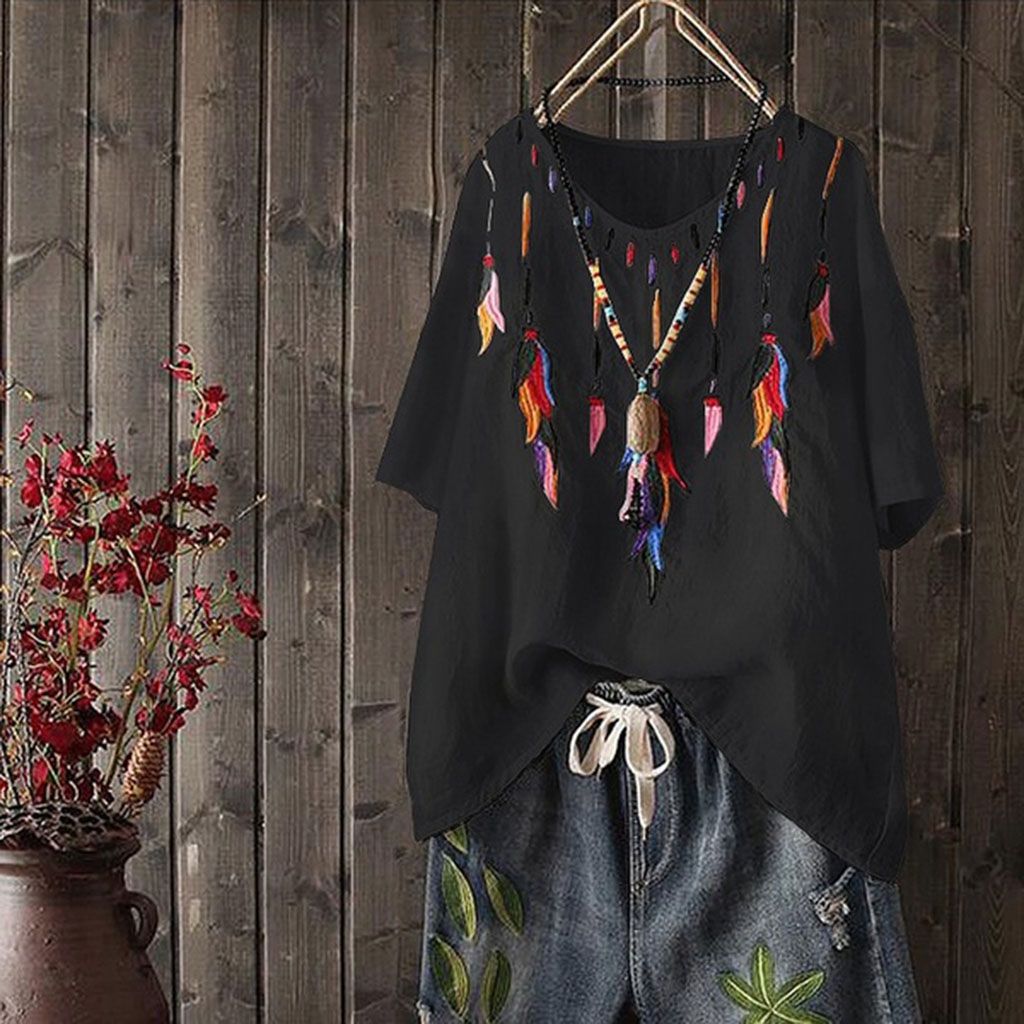 Summer Embroidery Blouse V Neck Shirts Casual Short Sleeve Cotton Linen Tops