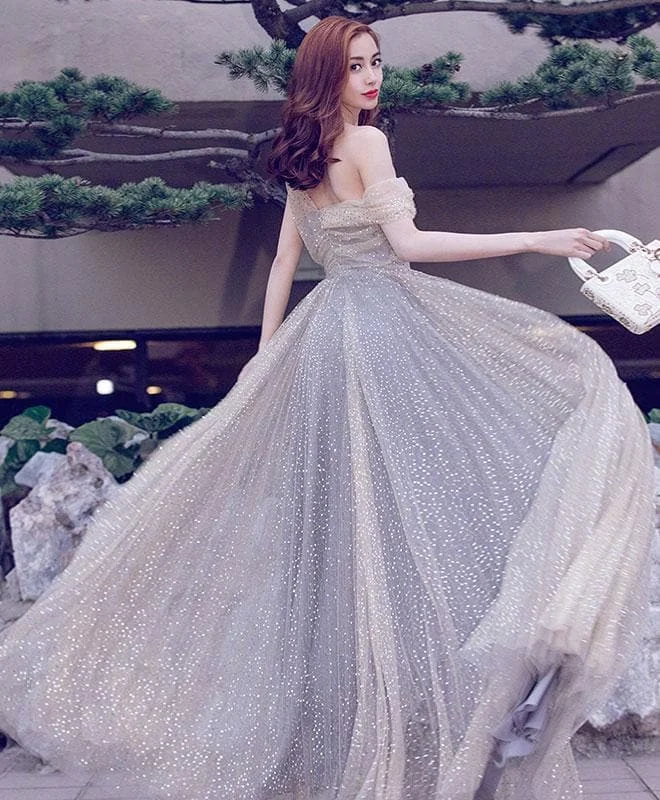 Unique Gray Tulle Sequin Long Prom Dress, Gray Evening Dress