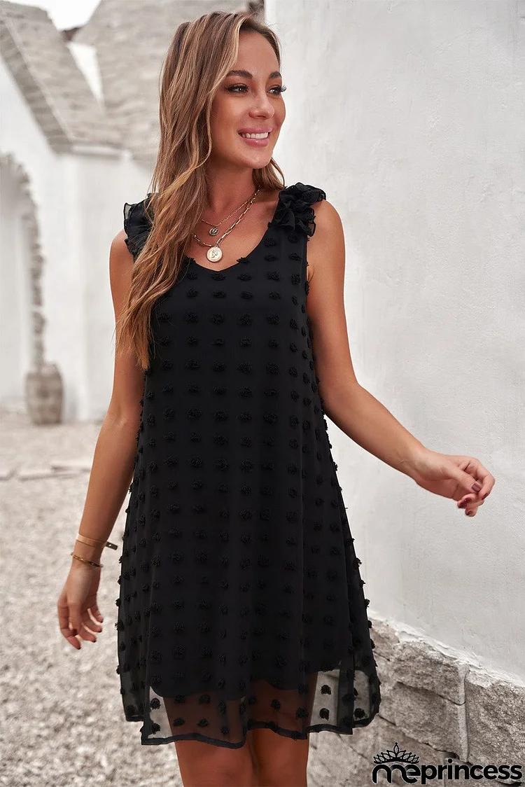 Summer Black Swiss Dot V Neck Ruffled Sleeveless Mini Dress