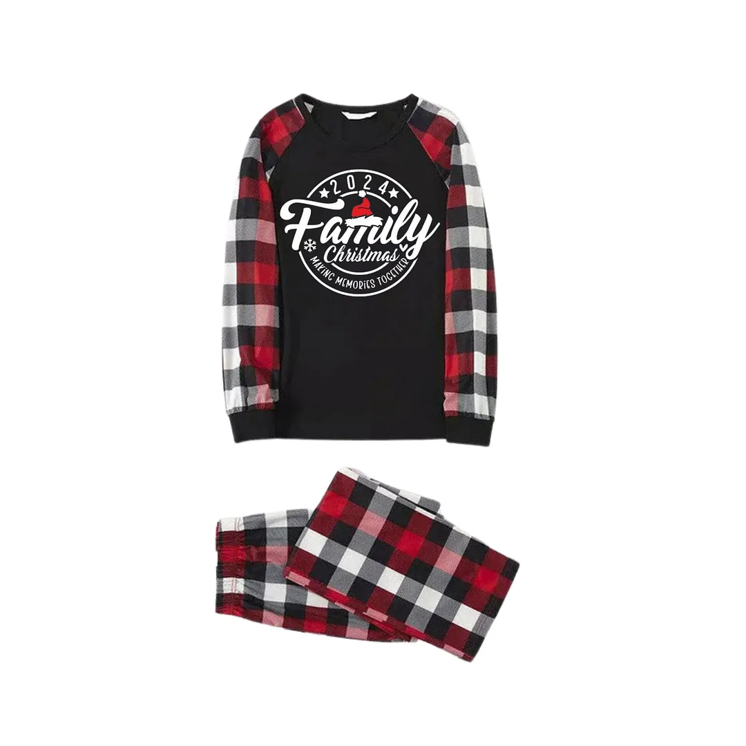 "2024 FAMILY CHRISTMAS" Text Pattern - Black Top with Red&Black&White Plaid Sleeves - Family Matching Pajamas