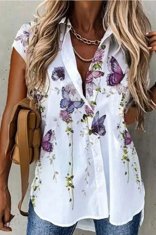 Butterfly Print Collared Buttons Blouse