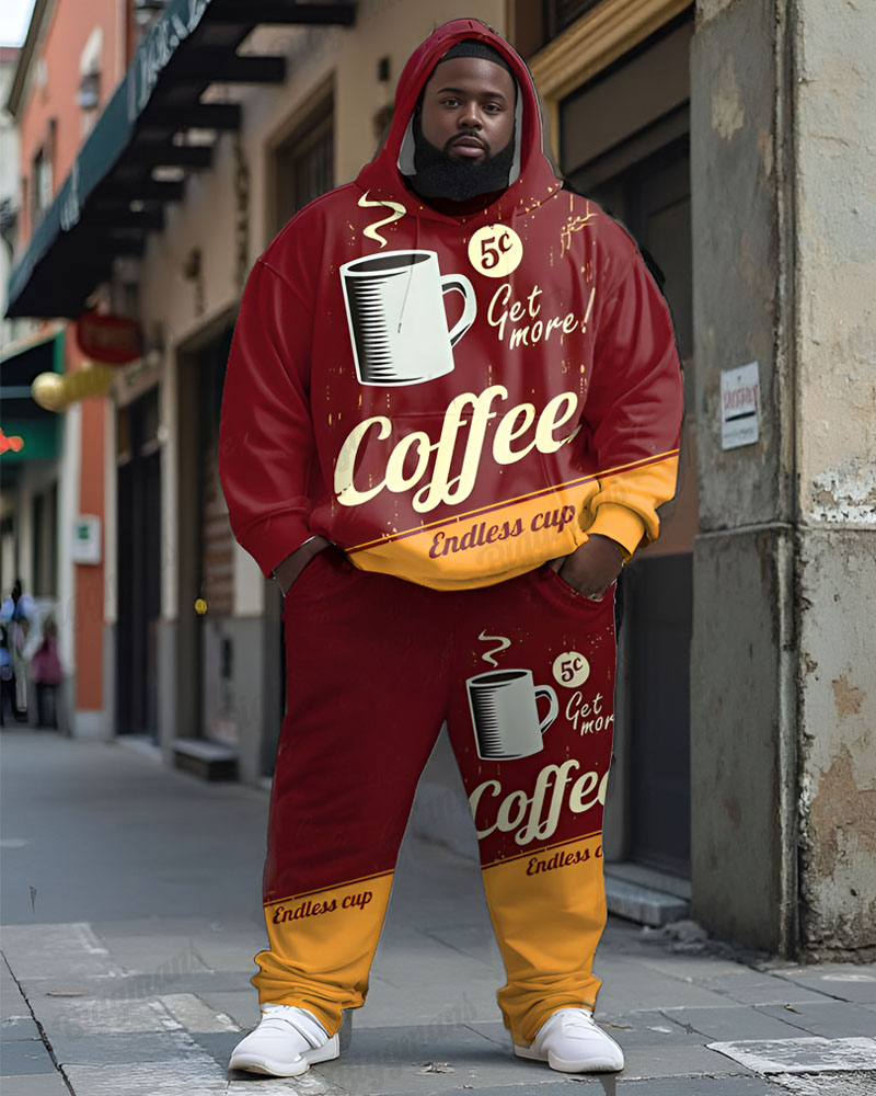 Men's Casual Retro Coffee Print Plus Size Hoodie Suit