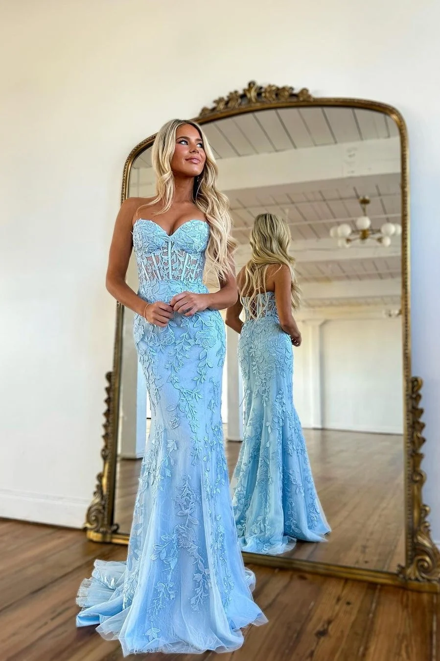 Baby Blue Prom Dress Ball Gown With Mermaid Appliques YL0116