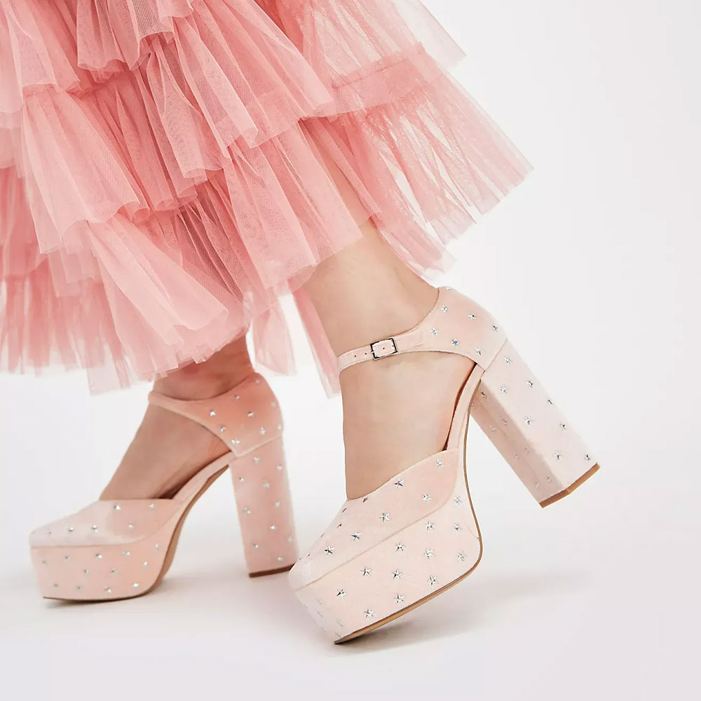 Light Pink Velvet Block Heel Ankle Strap Star Studded Platform Pumps Nicepairs