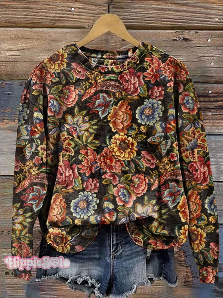 Vintage Floral Art Print Casual Sweatshirt Multicolor / S