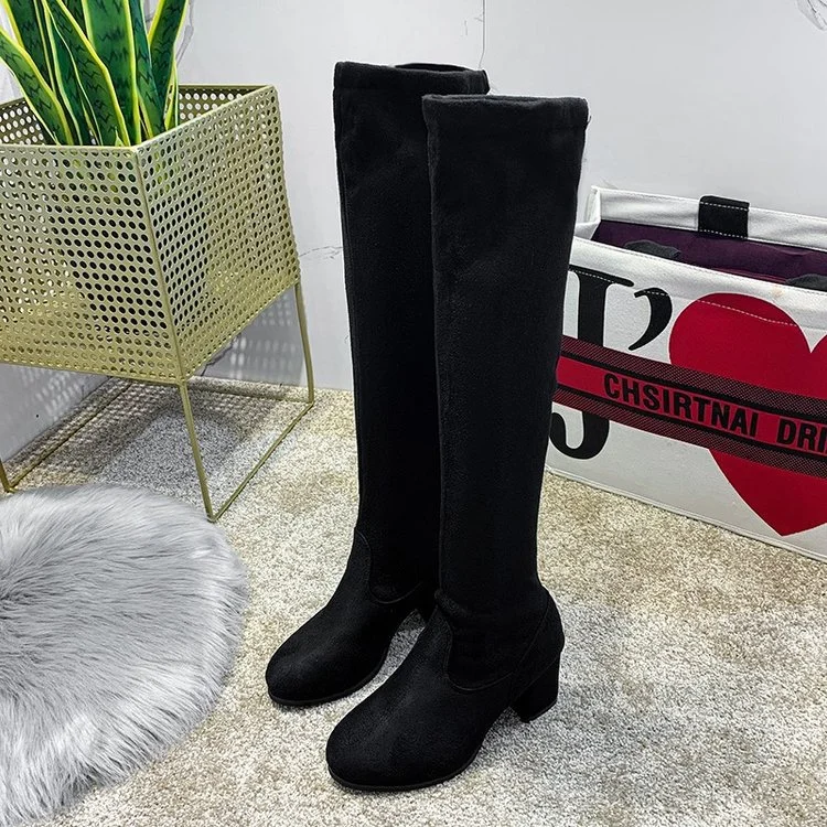 Wongn Wongn / Winter 2023 New Over-Knee Boots Fashion Suede Round Head Thick Heel High Heel Elastic Boots After The Strap Women's Long Boots