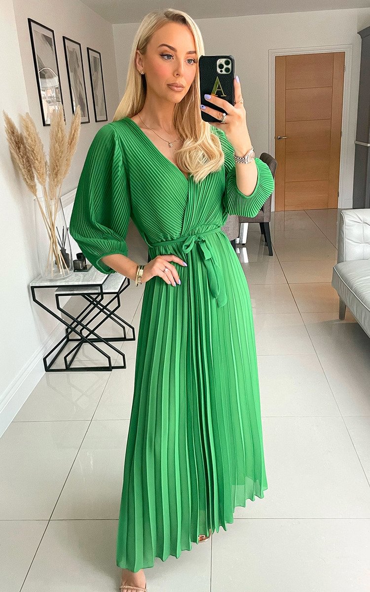 Pleated Wrap Front Maxi Dress in Green