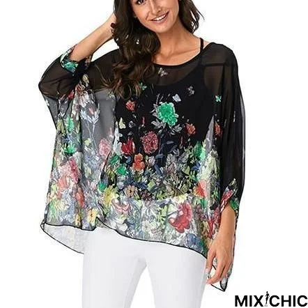 Plus Size Women Batwing Sleeve Casual Chiffon Tops Blouses