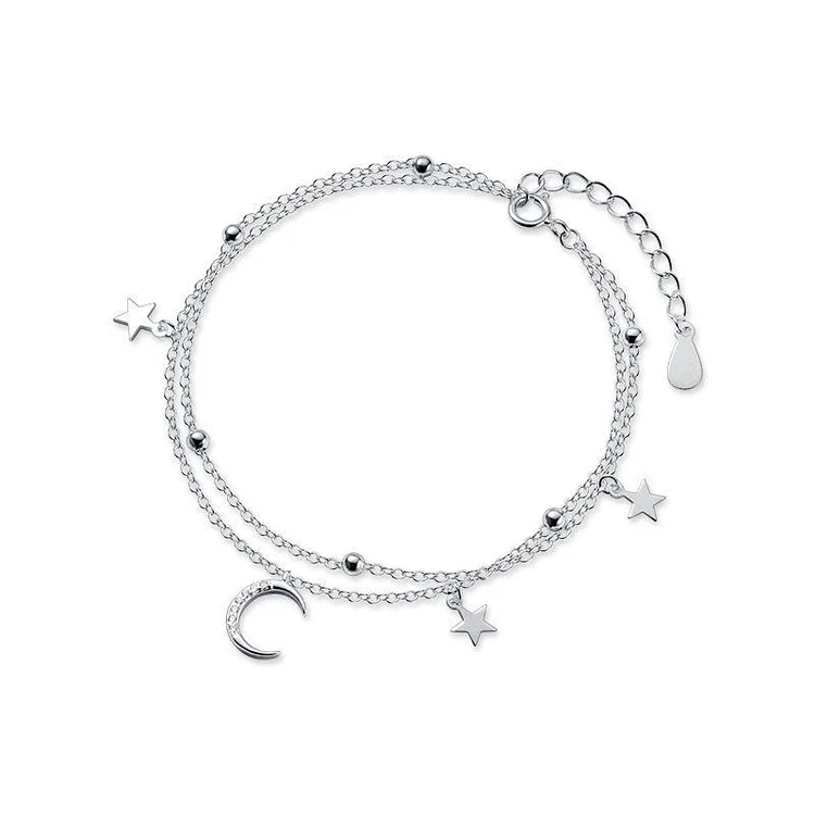 925 Sterling Silver Double Layer Star and Moon Bracelet