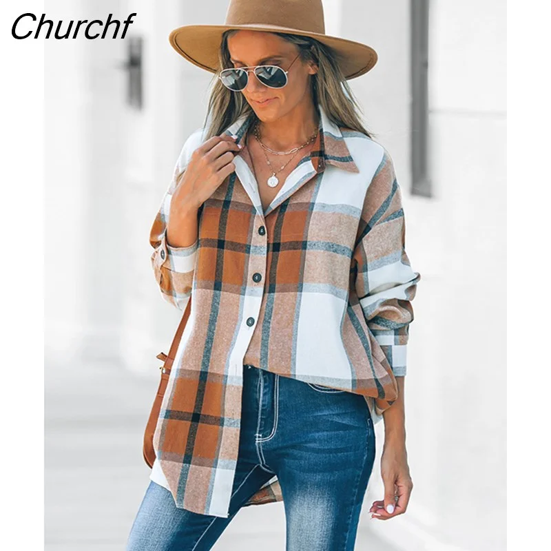 Churchf PETAL Brown Plaid Long Sleeve Blouse For Woman Casual Button Up Shirts Top 2023 Spring Autumn Blouses Streetwear