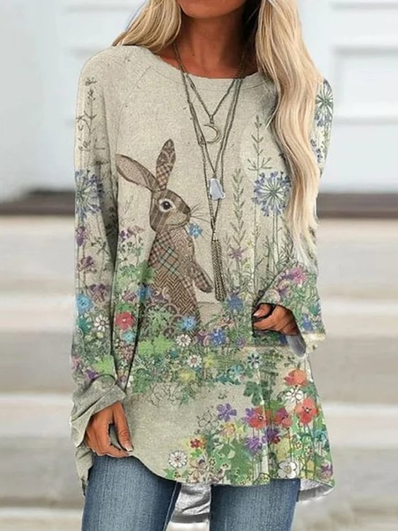 Long Sleeves Bunny Easter Print Women's T-shirt