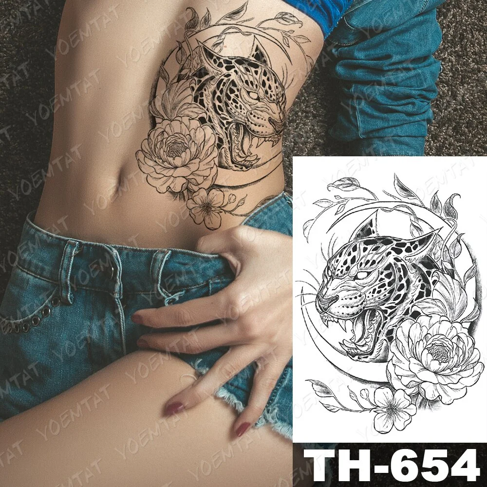 Sdrawing Temporary Tattoo Stickers Wolf Tiger Leopard Lion Moon Feather Star Flash Tattoos Female Back Body Art Fake Tatoo