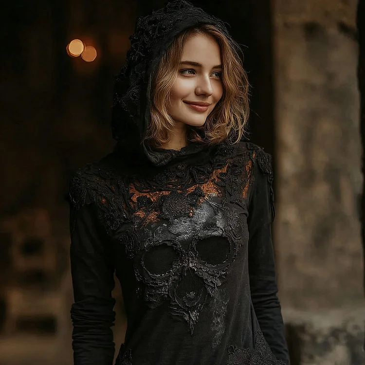 Women's Halloween Skull Embroidered Hooded Long-sleeved T-shirt
