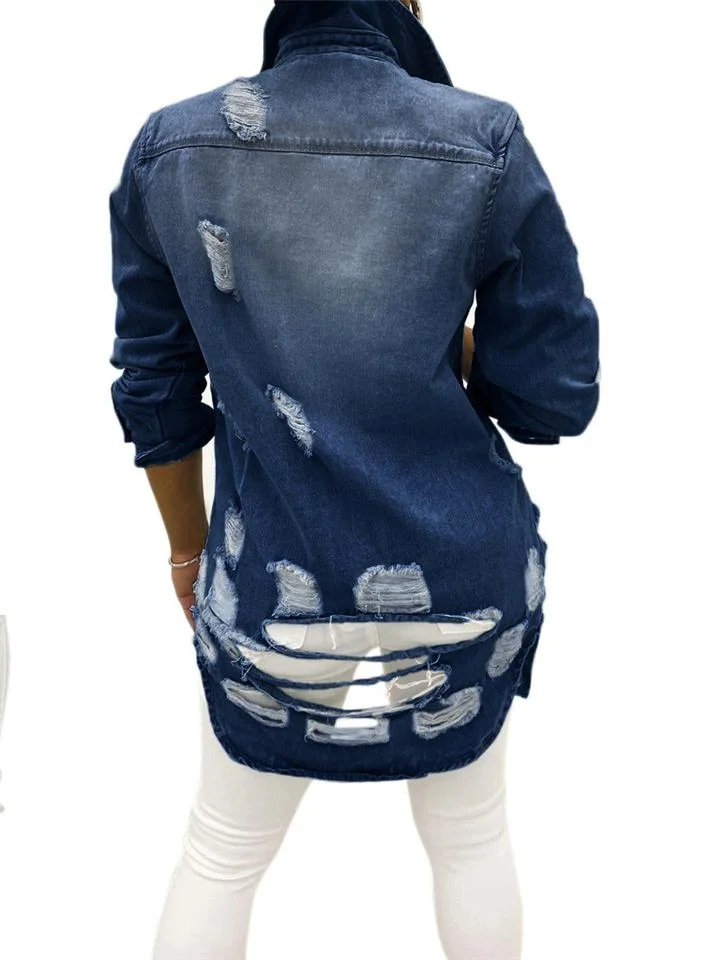 Fashionable Chest Pocket Lapel Collar Ripped Design Denim Coat