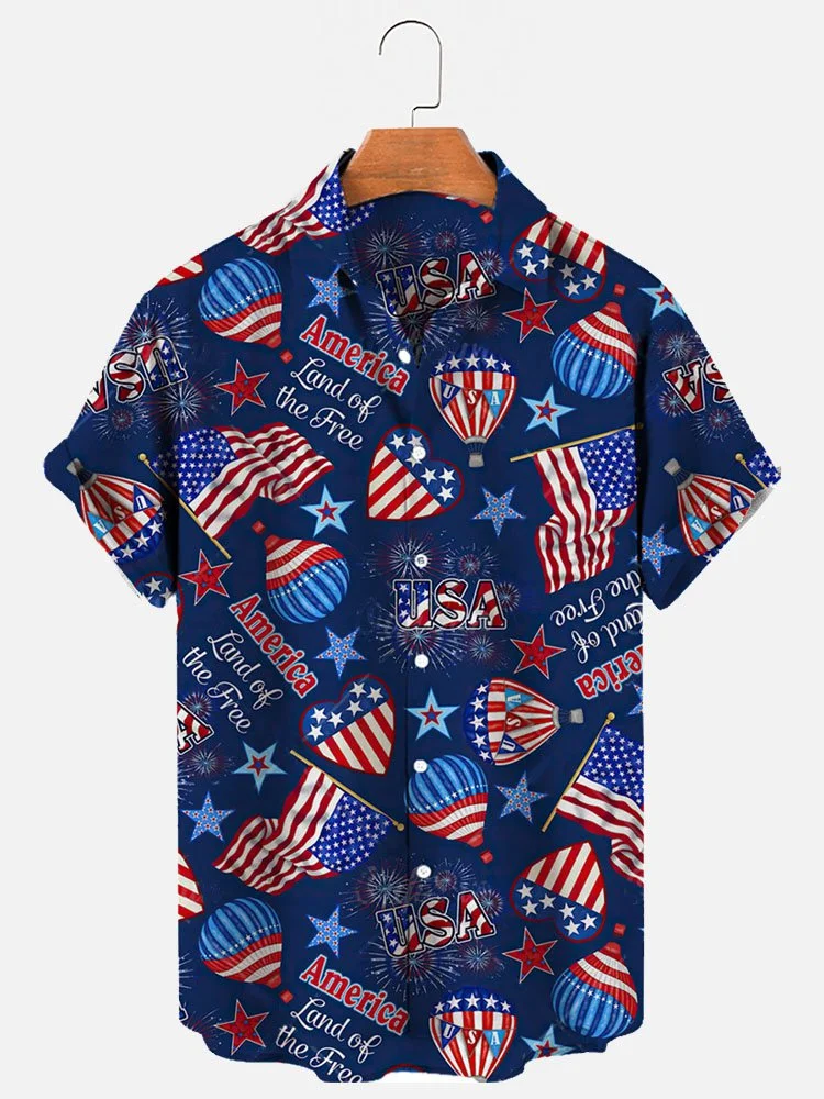 Men's Independence Day Flag Print Short Sleeve Hawaiian Shirt