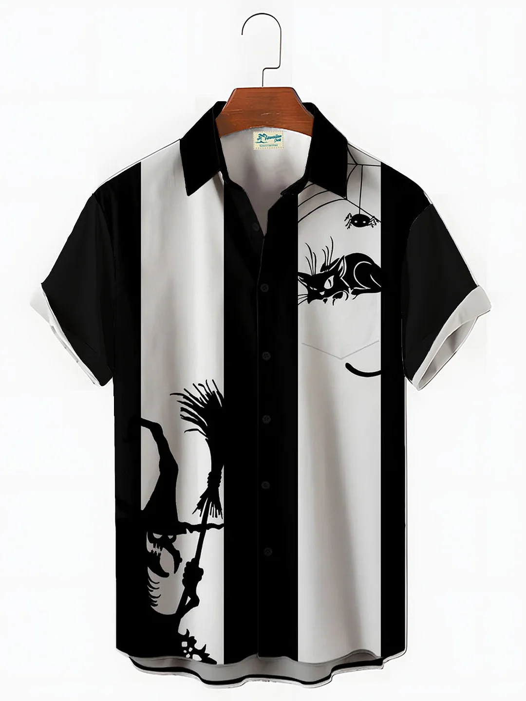 Men's Spoof Mad Cat Witch Halloween Short Sleeve Bowling Shirt