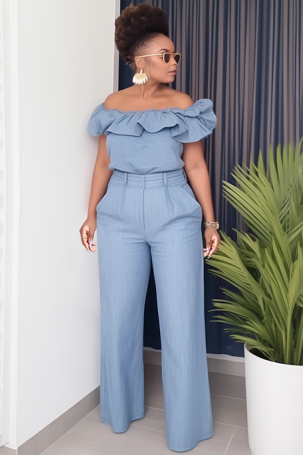 Xpluswear Design Plus Size Business Casual Light Blue Casual Off The Shoulder Cap Sleeve Ruffle Pocket Two Piece Pant Sets [Pre-Order]