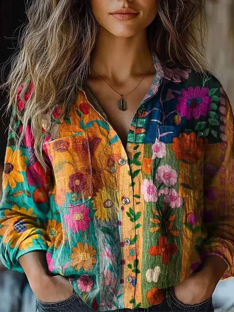 Lunivibe Vintage Floral Print Women's Linen Blouse