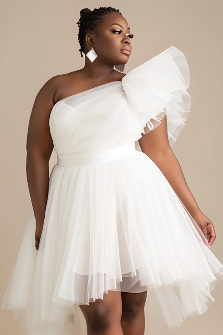 Xpluswear Design Plus Size Cocktail Party Elegant White Oblique Collar One Shoulder Irregular Hem Tulle Mesh Mini Dresses [Pre-Order]