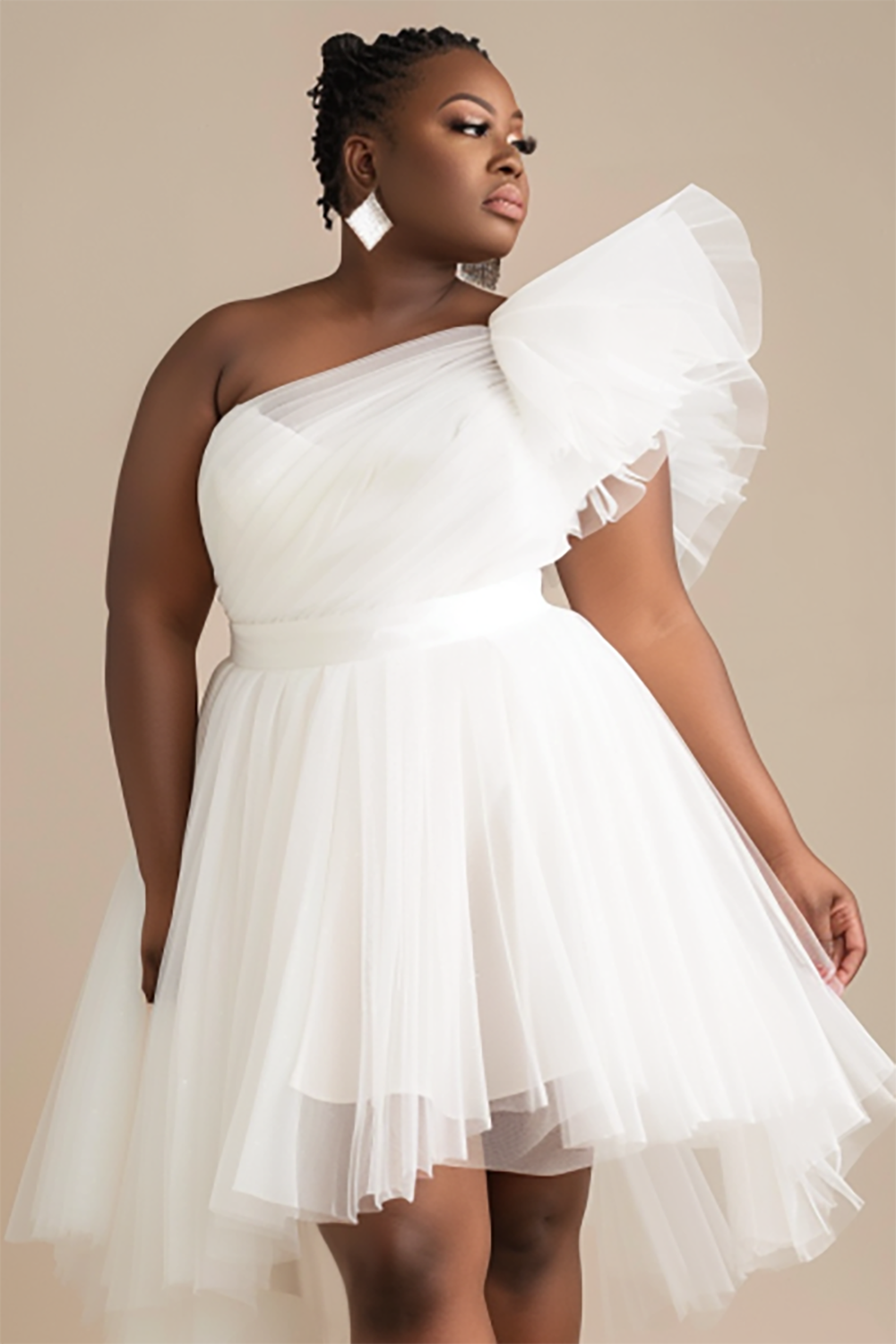 Design Plus Size Cocktail Party Elegant White Oblique Collar One Shoulder Irregular Hem Tulle Mesh Mini Dresses [Pre-Order]