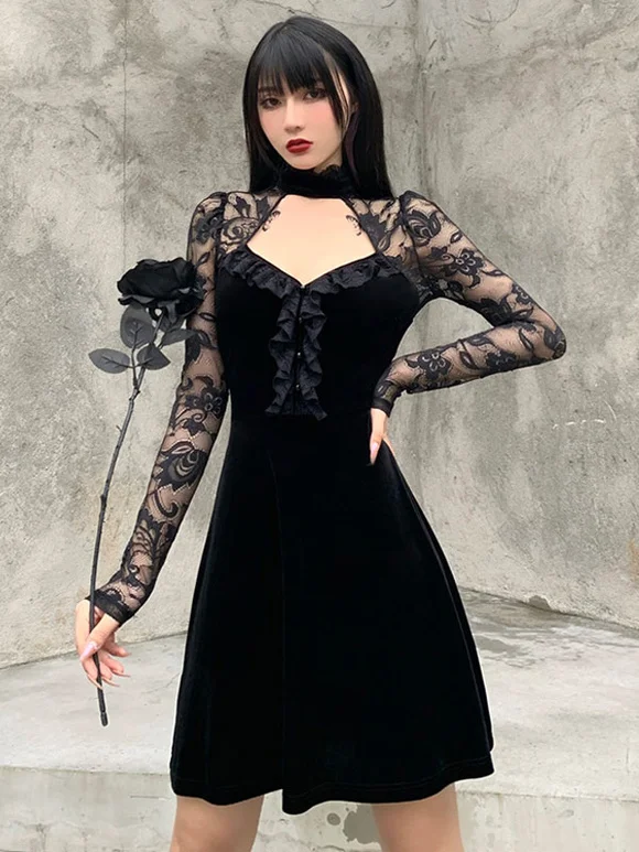 Women Black Gothic Dress Cotton Long Sleeve Bodycon Dress Novameme