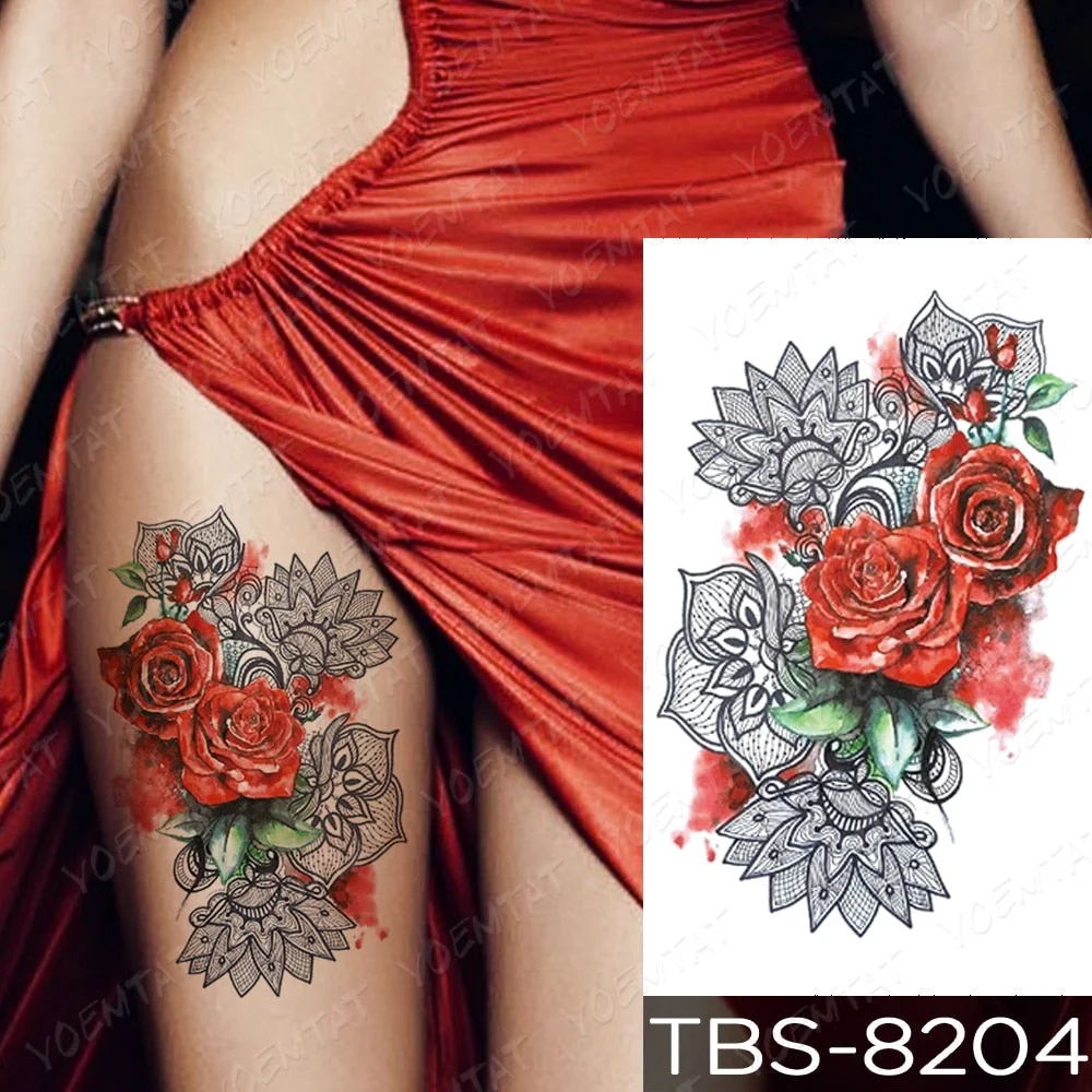 Waterproof Temporary Tattoo Sticker Red Lace Rose Butterfly Flash Tattoos Mandala Henna Body Art Arm Fake Tatoo Women Men