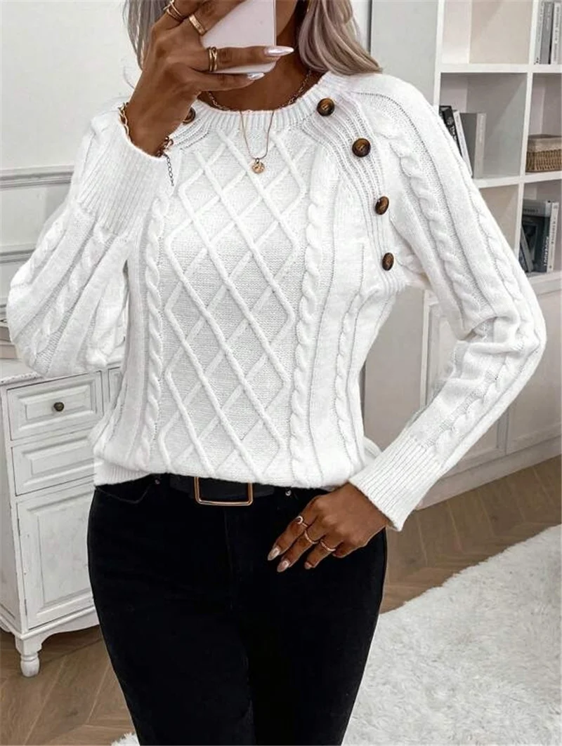 Athvotar Athvotar And Winter Button Design With Shoulder Sleeves Stifling Knitted Round-Neck Sweater