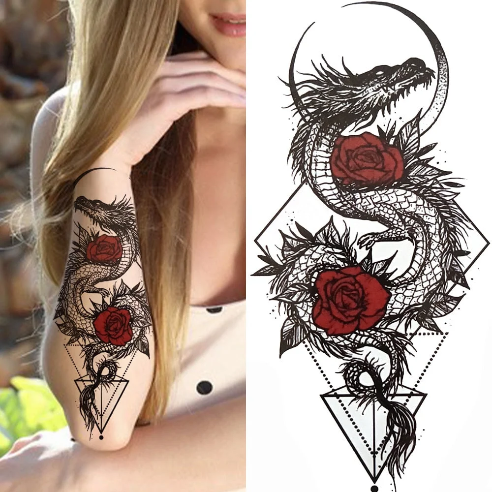 Dragon with Red Rose Tattoo Sticker Realistic Fox Snake Sword Geometric Temporary Tattoo For Women Fake Chains Black Tatoo 515