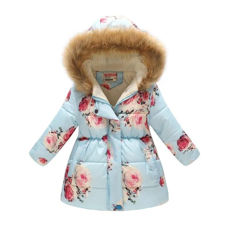 Thicken Winter Girls Jackets Fashion Printed Hooded Outerwear For Kids Internal Plus Velvet Warm Girls Coats Christmas Present