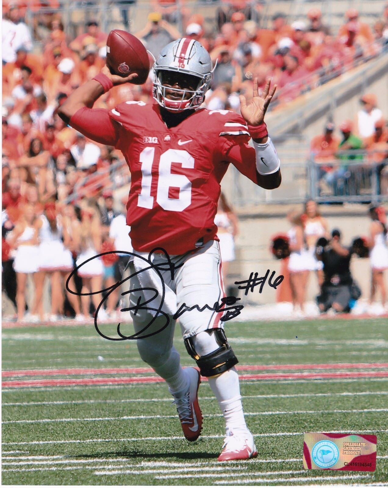 J.T. BARRETT OHIO STATE BUCKEYES ACTION SIGNED 8x10