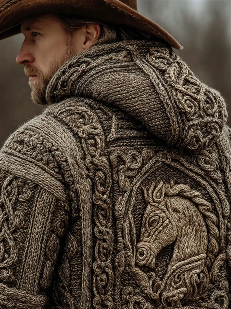 Men's Vintage Horse Crochet Celtic Cozy Knit Hooded Sweater