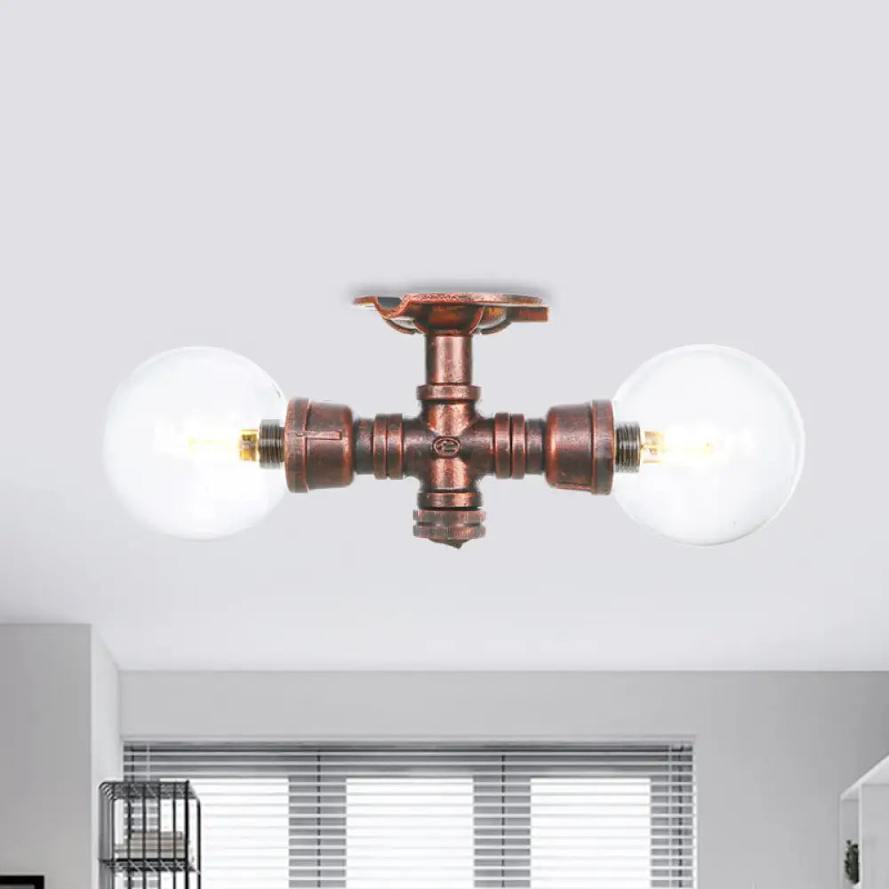 Antiqued Led Flush Mount Lamp With 2 Lights - Clear Glass & Copper Semi Lighting Ball / A