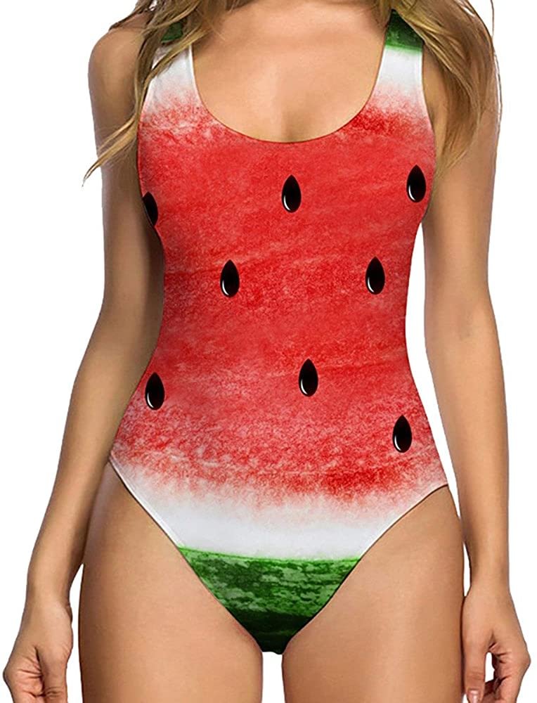 liangzai098 Women's 3D Print Funny One Piece Swimsuit High Cut Bathing Suit Novelty Backless Monokini Swimwear Watermelon Red