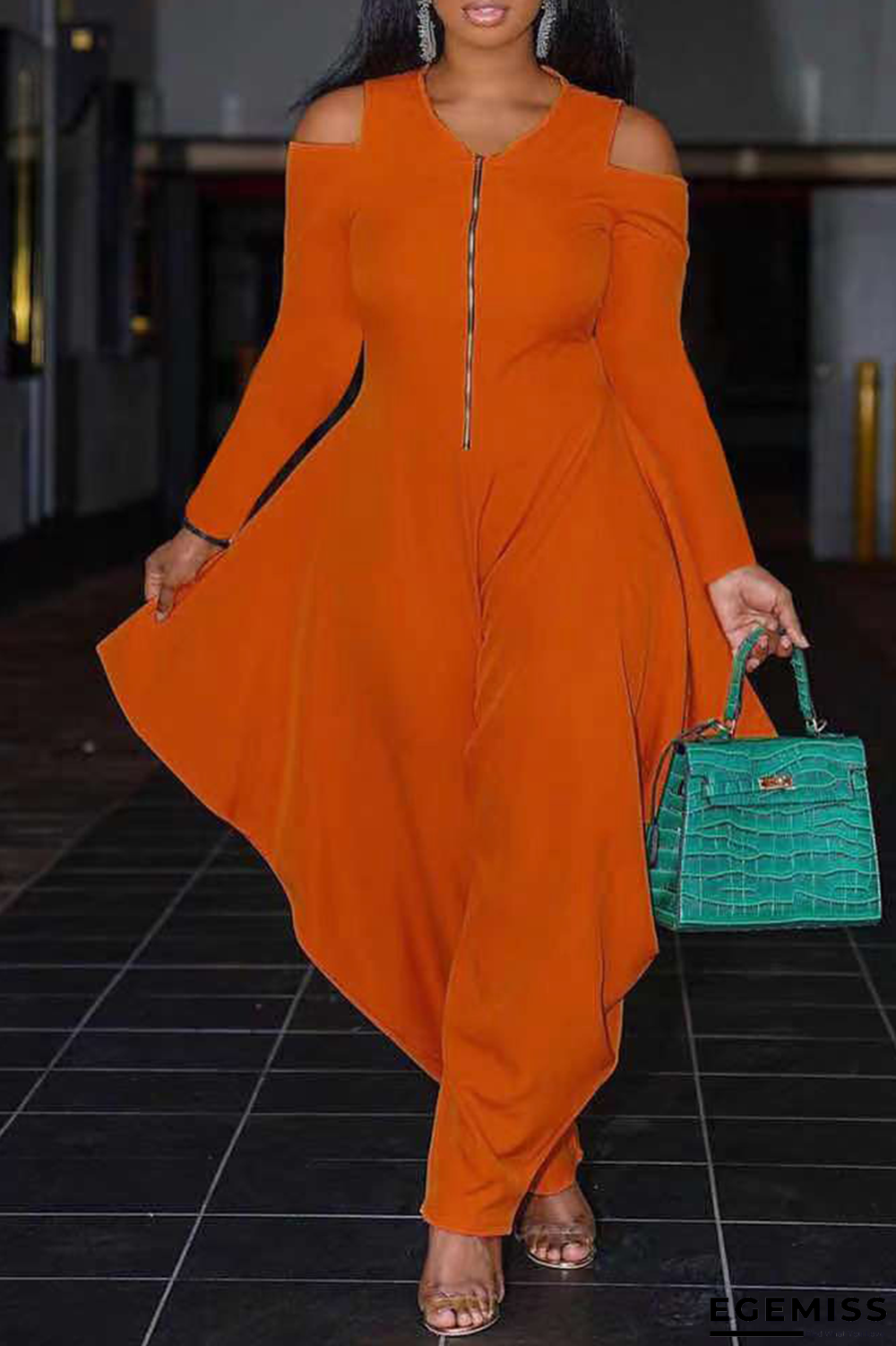 Orange Casual Solid Patchwork V Neck Loose Jumpsuits | EGEMISS