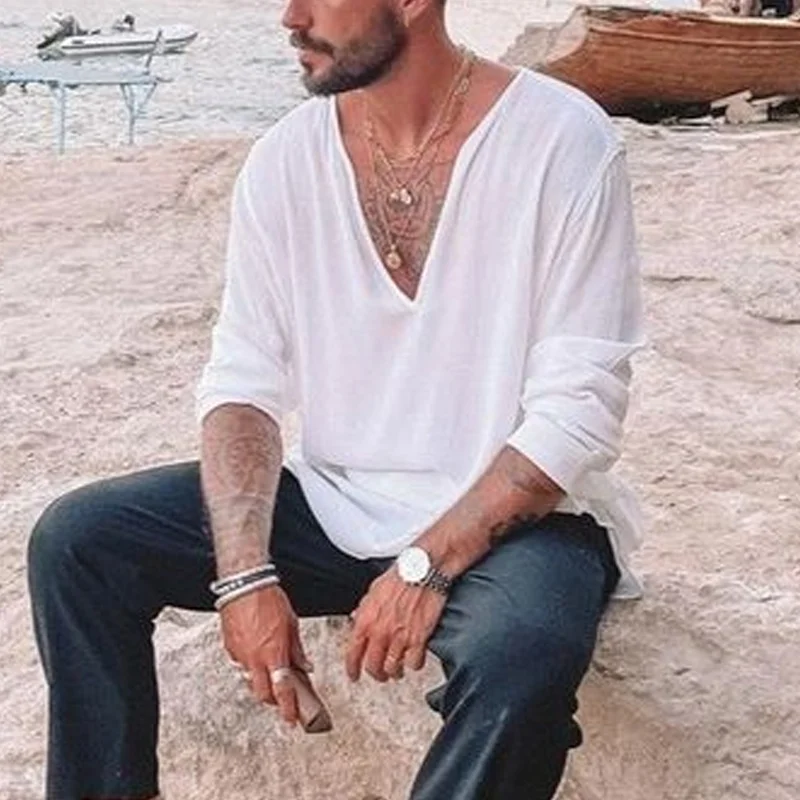 Men's Cotton And Linen V-neck Shirt