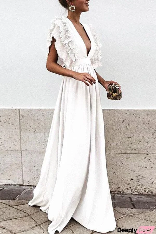 Elegant V-neck Frill High Waist Maxi Dress