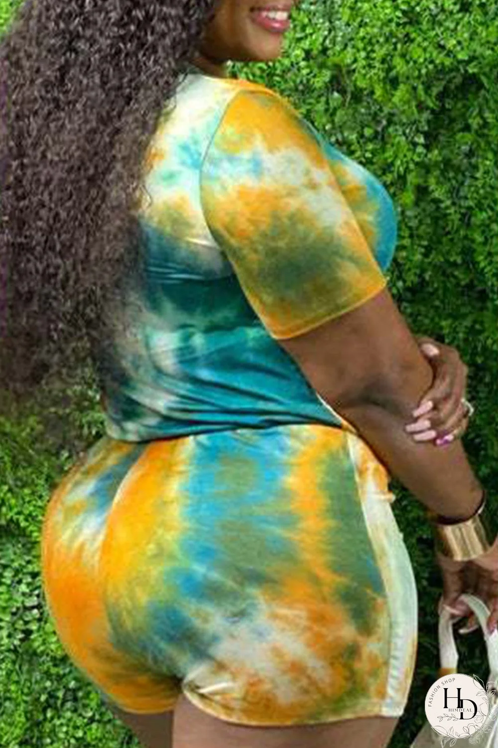 Blue Plus Size Fashion Sexy Casual Tie Dye Frenulum O Neck Plus Size Jumpsuits