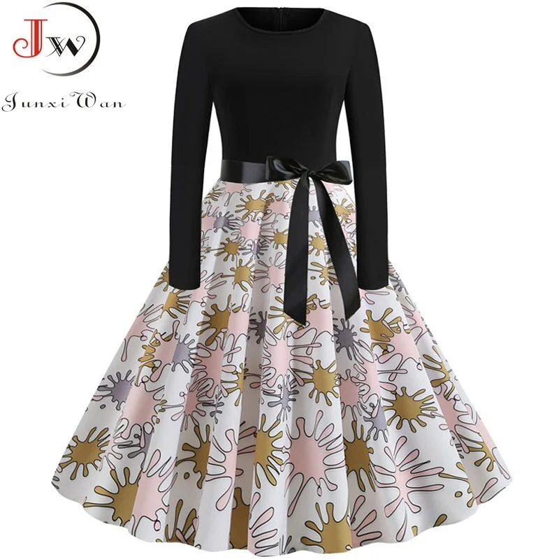 New Autumn Winter Women Plaid Print Dress Elegant Casual Vintgae Dress Robe Femme Black Patchwork A-line Party Vestidos