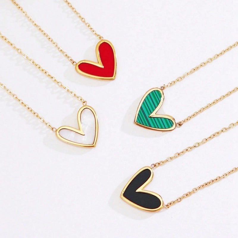 Cute Sweet Asymmetrical Heart Shape 304 Stainless Steel Acrylic 18K Gold Plated Inlay Pendant Necklace